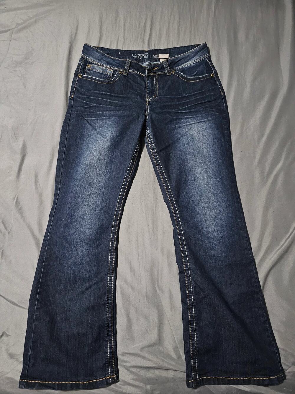 Dark wash denim jeans with contrast stitching
